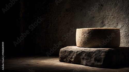 An atmospheric shot of a whole wheel of aged Manchego cheese resting on a rustic stone in a dark cellar, representing traditional Spanish dairy craftsmanship and heritage.
