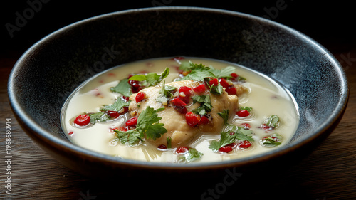 Authentic Georgian Satsivi featuring tender chicken pieces in a rich, creamy walnut sauce, garnished with fresh cilantro and pomegranate seeds in a minimalist ceramic bowl.