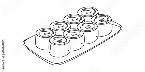 A black and white line art drawing of a tray filled with eight freshly baked cinnamon rolls. Vector, illustration