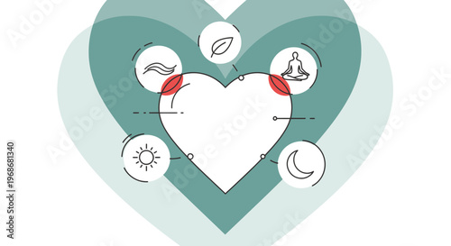 Holistic Wellness Heart Icon Set: Balance, Nature, Sun, Moon, Meditation