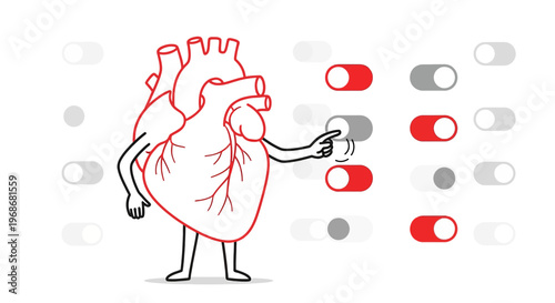 Human Heart Character Adjusting Toggle Switches, Health Control Concept
