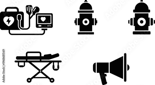 Set of emergency rescue equipment icons including automatic external defibrillator fire hydrant medical stretcher and megaphone flat black silhouette vector 
