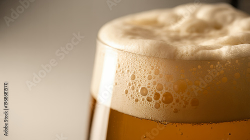 Glass of beer with a thick layer of foam on froth head