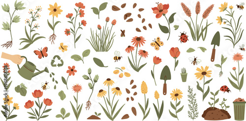 Gardening and Wildflower Botanical Icon Set Featuring Plants, Seeds, Insects, Tools, Watering Can, and Nature Elements for Eco Friendly Garden Design