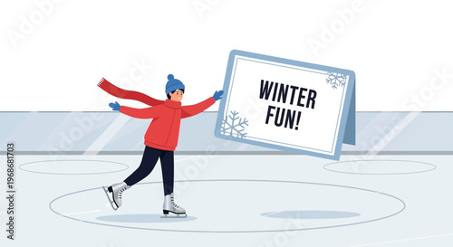 Ice Skater Holding "Winter Fun!" Sign on Rink