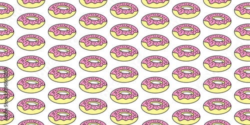 Seamless pattern of colorful cartoon donuts on pastel background, fun food illustration, playful repeating texture design