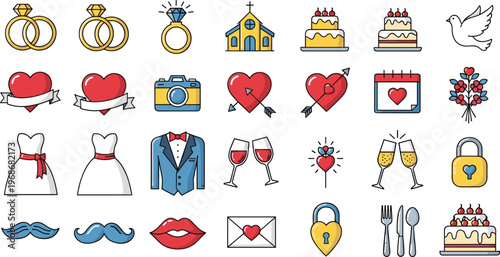 Wedding Love Icon Set Featuring Rings, Bride, Groom, Cake, Hearts, Champagne and Romantic Celebration Elements Collection