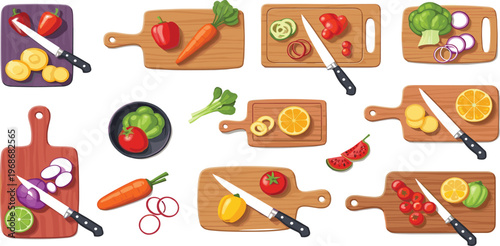 Kitchen Food Preparation Icon Set Featuring Wooden Cutting Boards, Fresh Vegetables, Sliced Fruits, Knives, and Healthy Cooking Ingredients for Culinary Design