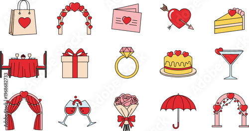 Wedding Love Icon Set Featuring Rings Cake Gifts Decorations and Romantic Elements for Marriage Invitation and Celebration Design Collection