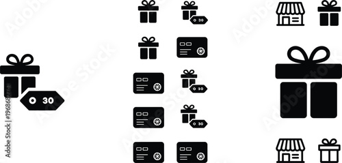 Gift box and discount tag icon set with shopping store and sale symbols in solid styles for ecommerce retail promotion and marketing vector collection