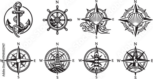 Various compass designs and their structural details in graphical representation Vector