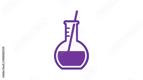 Minimalist purple vector icon illustration of a round-bottom laboratory flask with a stirring rod and liquid, ideal for chemistry, science research, education, and space science experiments.