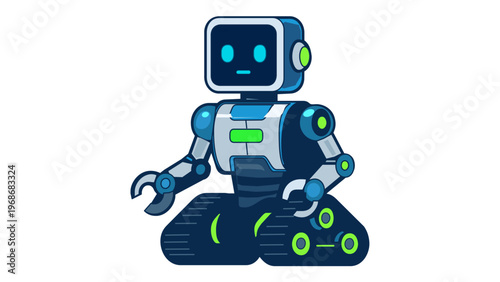 Futuristic cute robot vector illustration icon featuring a digital screen face, mechanical claw arms, and tank tread base. AI-generated flat design character for technology, science, and space.