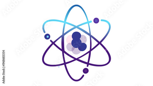 Stylized vector illustration of an atom model featuring a central nucleus with protons and neutrons and blue orbiting electrons on elliptical paths, ideal for science, physics, and chemistry.