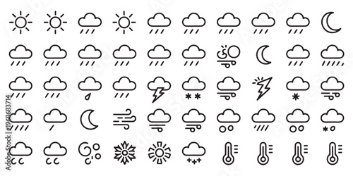 Weather Forecast Line Icon Set - Sun, Rain, Clouds, Snow, and Temperature Symbols