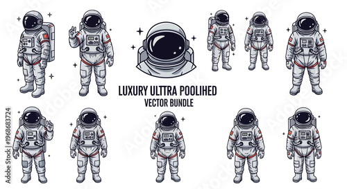 A set of cute astronaut illustrations in various poses including waving, pointing, and holding a flag, presented as a vector bundle with a clean, graphic design style against a white