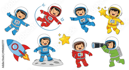 A set of cute vector astronaut mascots in various poses, including floating, waving, pointing, and holding a flag, rendered in a bright, cartoon style against a clean white background