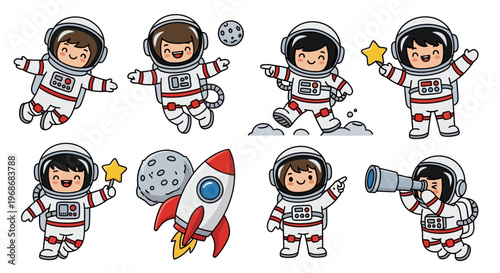 A set of cute astronaut clipart characters in various poses, including waving and pointing, designed as vector illustrations with a bright and cheerful style against a white background