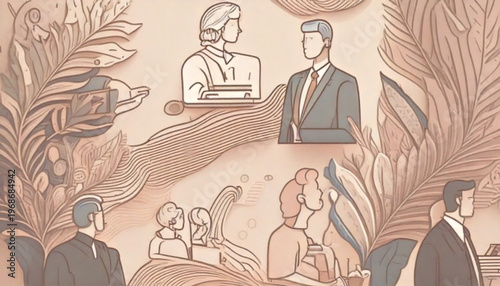 Vintage illustration of people and tiger in jungle setting.