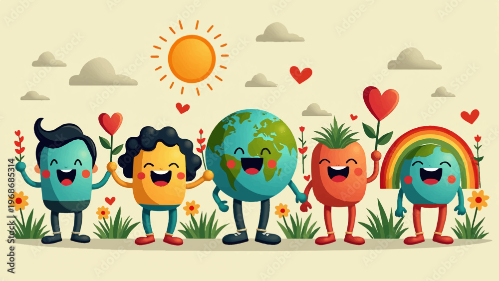 Fototapeta premium Eco friendly characters, smiling earth, green planet, colorful illustrations, environmental icons