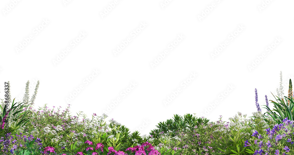 Carta da parati Large foreground flowerbed with different blooming flowers and plants isolated o