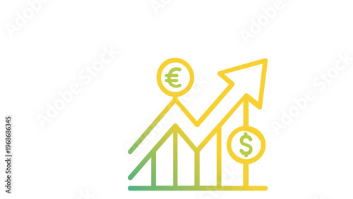 Business growth vector icon illustration featuring a rising bar chart with an upward arrow and currency symbols for Euro and Dollar, representing financial success, budget planning, and profit.