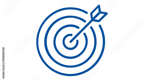 Blue line art vector illustration of a target with an arrow hitting the bullseye, representing business goals, leadership, success, strategy, and achievement in a minimalist flat design style.