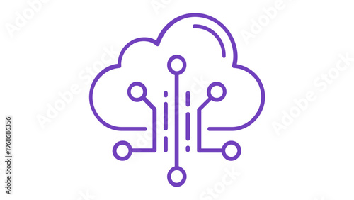 Modern gradient vector illustration of a cloud computing icon with circuit board lines and nodes, representing data storage, network connectivity, digital infrastructure, and cloud technology.