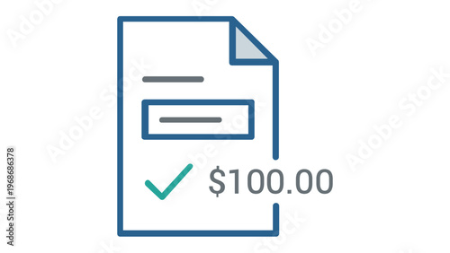 Minimalist vector icon illustration of a digital invoice or bill document featuring a green checkmark and a one hundred dollar price tag, symbolizing successful payment and financial transaction.