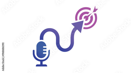 Vector illustration of a podcast marketing strategy icon featuring a microphone connected by a winding path to a target bullseye, representing audio content goals and broadcasting success.