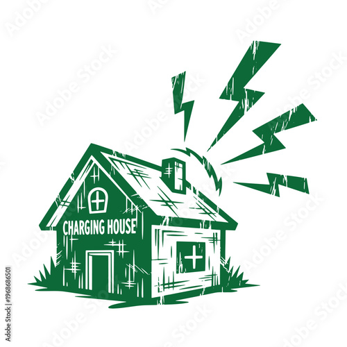 Green house with charging sign and lightning bolts charging house