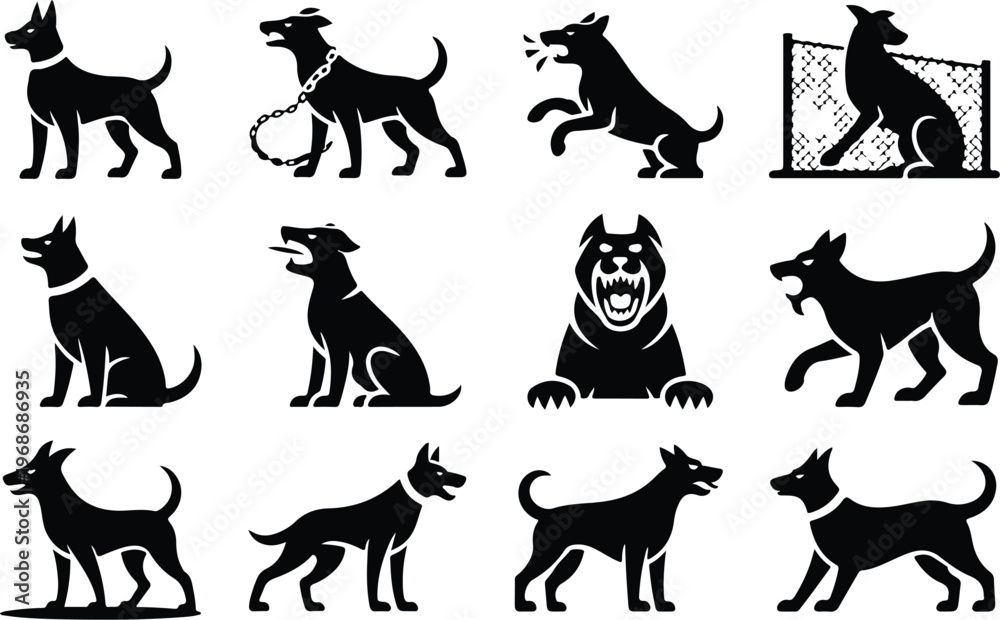 Obraz premium Angry Dog Silhouette Icon Collection Set