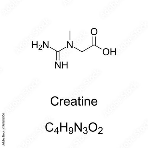 Creatine, chemical formula and molecular structure of the neutral form. Organic compound that facilitates recycling of adenosine triphosphate, ATP, primarily in muscle and brain tissue. Vector