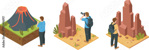 Isometric Illustration Set of Three Outdoor Adventures - Erupting Volcano, Rock Formations, and Photography in Flat Design Style