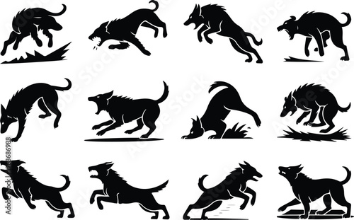 Angry Dog Silhouette Icon Collection Set