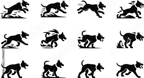 Angry Dog Silhouette Icon Collection Set