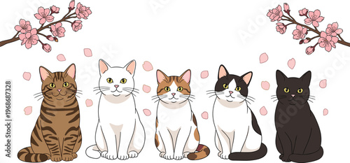 Five cute cats sitting with cherry blossom branches and banner.