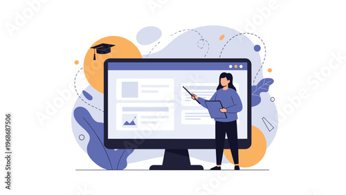 Female educator uses a pointer to teach an online lesson on a large computer screen with graduation and learning icons.