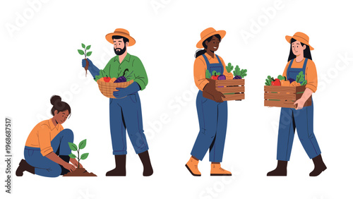 Team of diverse organic farmers work together planting seedlings and carrying crates of fresh vegetables in a white background.
