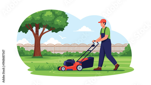 Professional gardener in overalls and a red cap mows a large green lawn with a red lawnmower on a beautiful sunny afternoon.