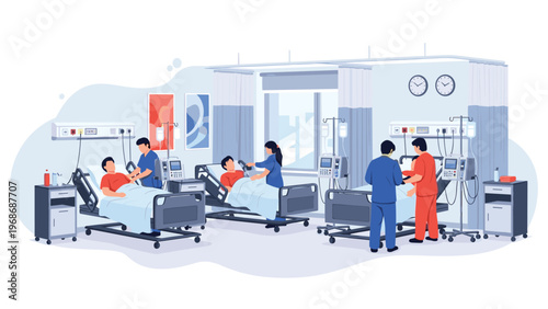 Busy hospital ward with medical staff providing care to patients in beds surrounded by advanced monitoring equipment and curtains.