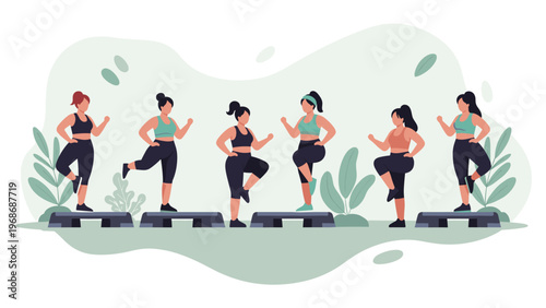 Group of diverse women in activewear practicing step aerobics together on platforms in a bright fitness studio for a healthy lifestyle.