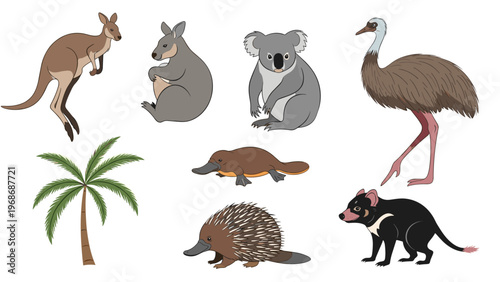 Collection of iconic Australian wildlife including a kangaroo koala emu platypus echidna and Tasmanian devil alongside a palm tree.