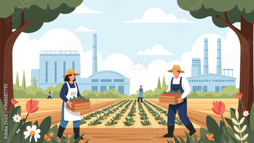 Agricultural workers carrying crates of fresh vegetables in a large field with a large industrial factory building in the background.