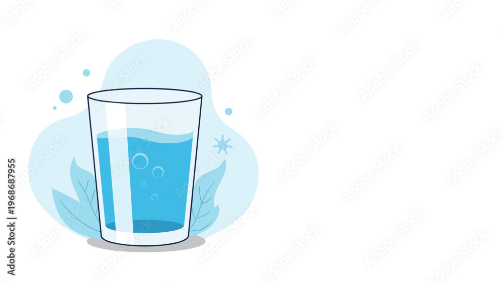 Obraz premium Simple illustration of a clear glass filled with refreshing blue water set against a soft abstract background with bubbles and leaves.
