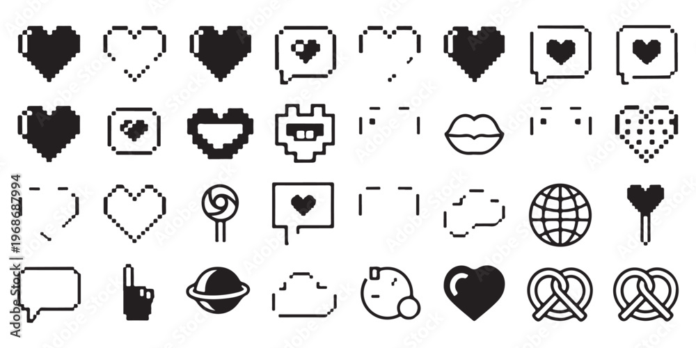 Fototapeta premium Retro Pixel Art Icon Set with Hearts Speech Bubbles and Celestial Objects