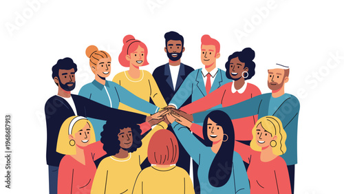 Diverse group of friends or colleagues standing in a tight circle and placing their hands together in the center to show unity and support.
