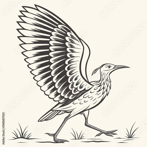 A vintage style illustration depicts a bird with outstretched wings mid stride set against a simple neutral background high quality