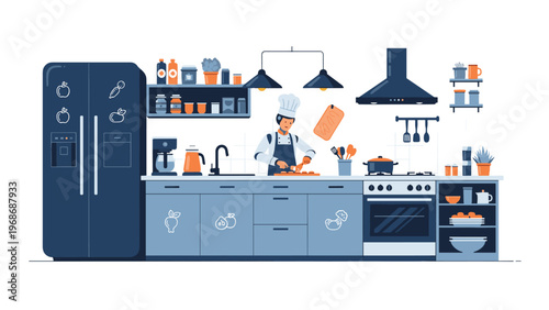 Professional chef or robot wearing a white hat and apron preparing a meal in a modern and clean kitchen with blue cabinets and appliances.