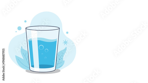 Simple illustration of a clear glass filled with refreshing blue water set against a soft abstract background with bubbles and leaves.